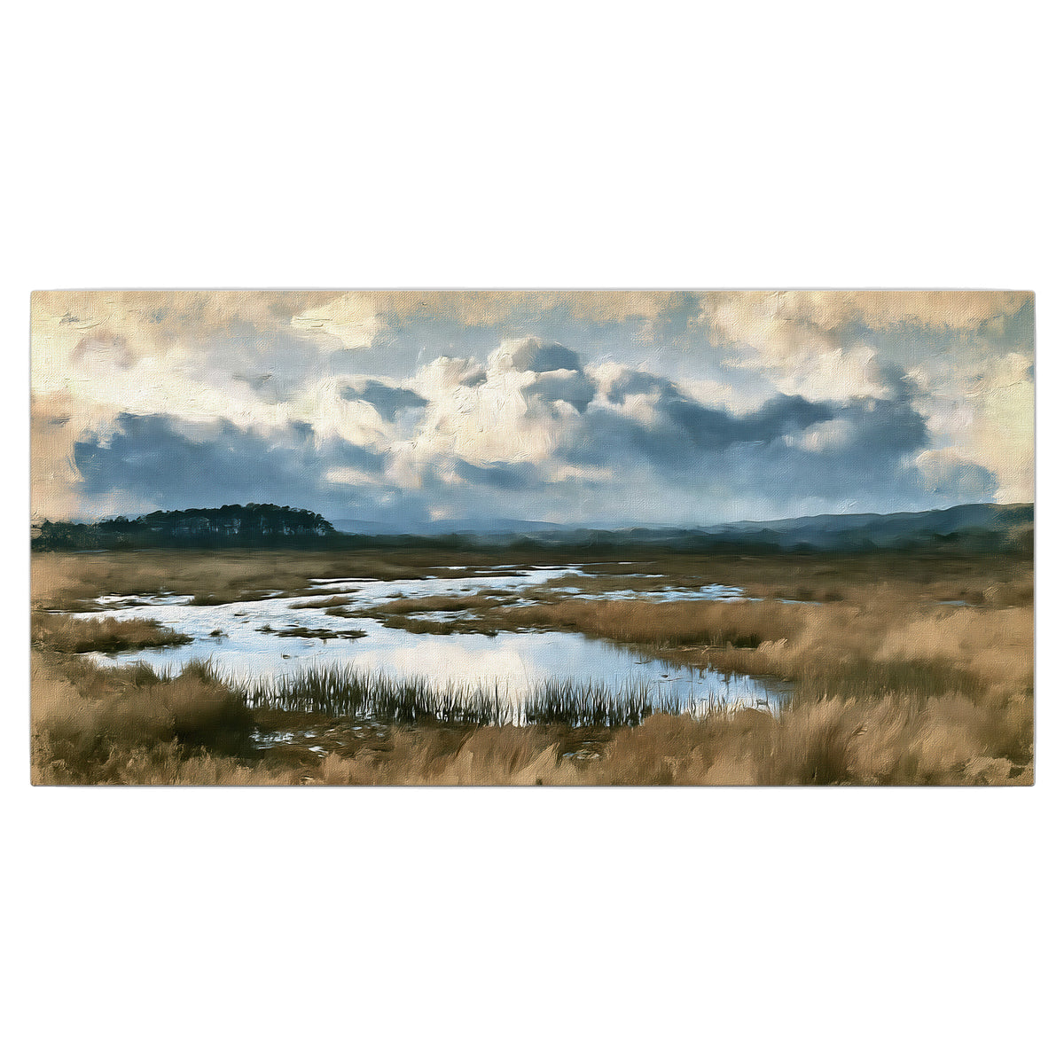 A wide open marsh with blue water and warm grasses beneath layered clouds single canvas wall art viewed straight on