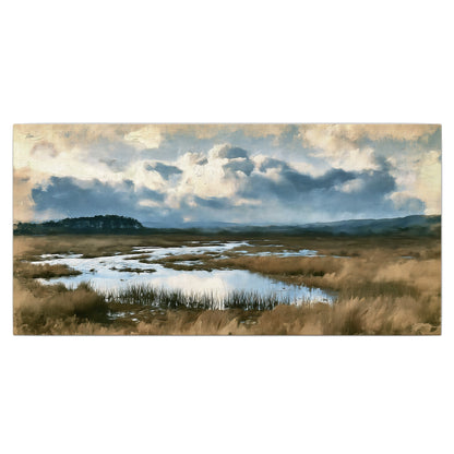 A wide open marsh with blue water and warm grasses beneath layered clouds single canvas wall art viewed straight on