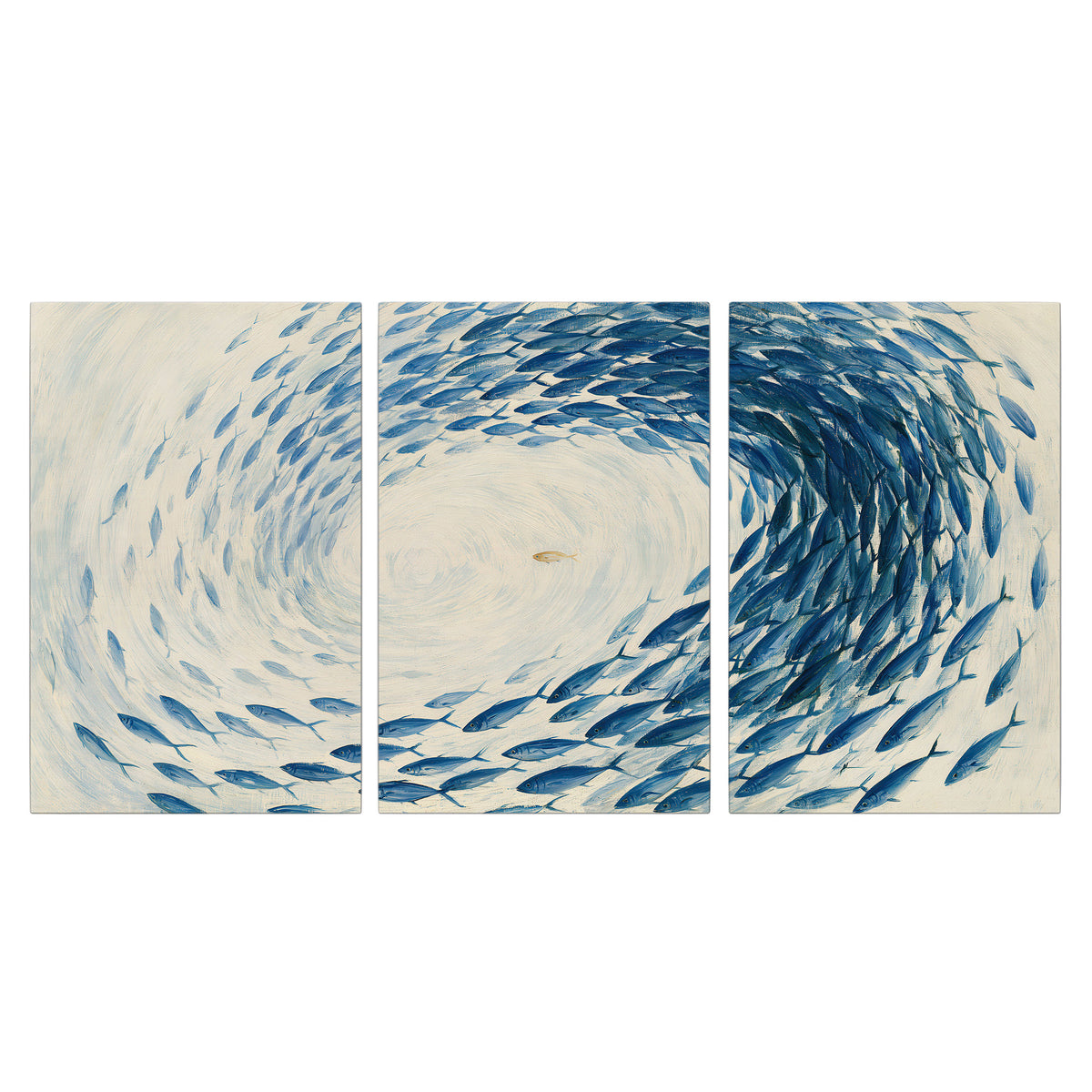 A circular school of blue fish flowing around a pale open center 3 piece canvas wall art viewed straight on