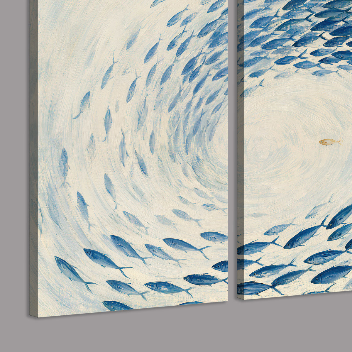A circular school of blue fish flowing around a pale open center 3 piece canvas wall art room and product view