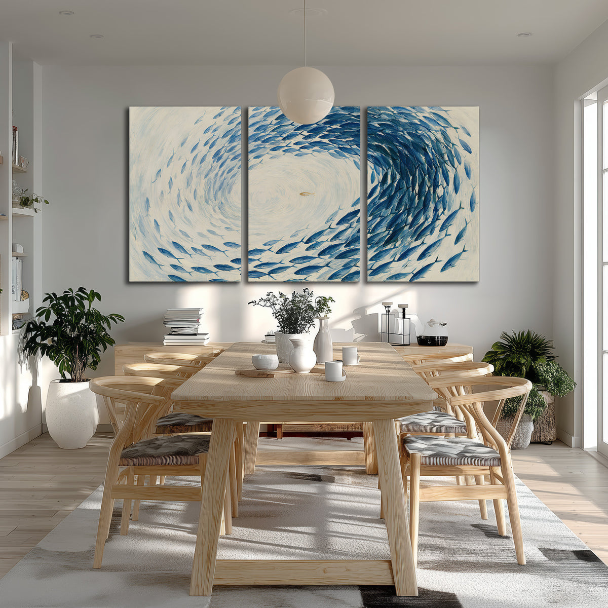 A circular school of blue fish flowing around a pale open center 3 piece canvas wall art room and product view