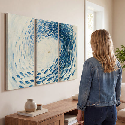 A circular school of blue fish flowing around a pale open center 3 piece canvas wall art three panel arrangement on a wall
