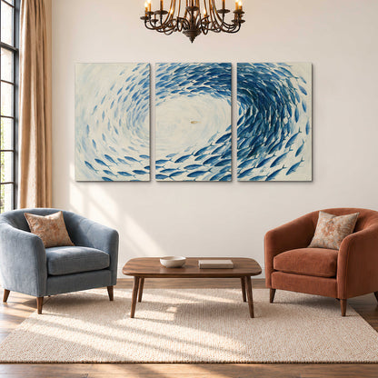 A circular school of blue fish flowing around a pale open center 3 piece canvas wall art styled in an interior