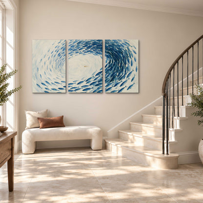 A circular school of blue fish flowing around a pale open center 3 piece canvas wall art styled in an interior