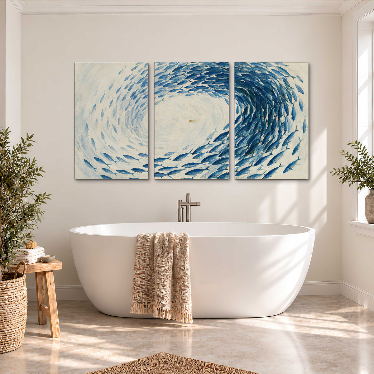 A circular school of blue fish flowing around a pale open center 3 piece canvas wall art styled in an interior