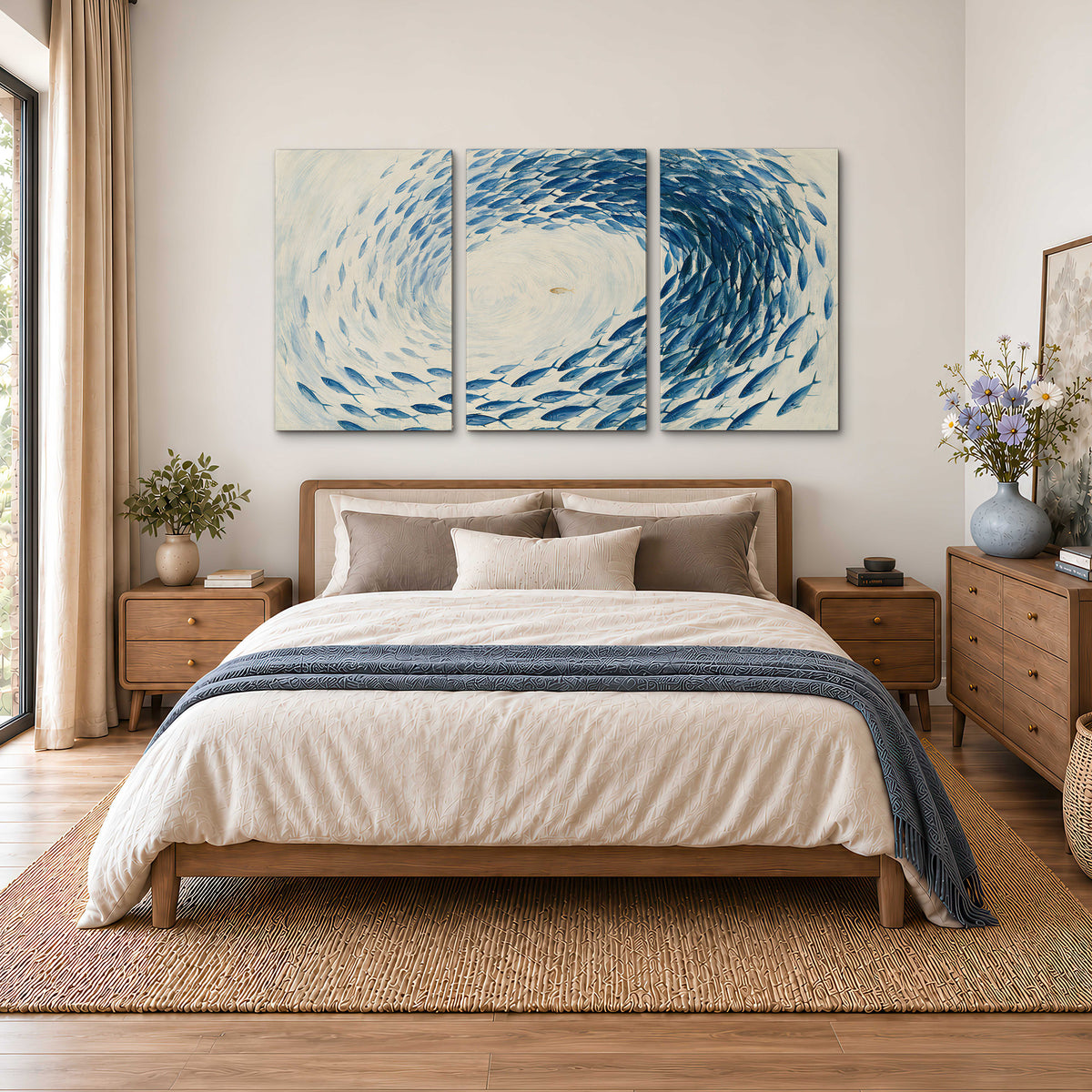 A circular school of blue fish flowing around a pale open center 3 piece canvas wall art styled in an interior