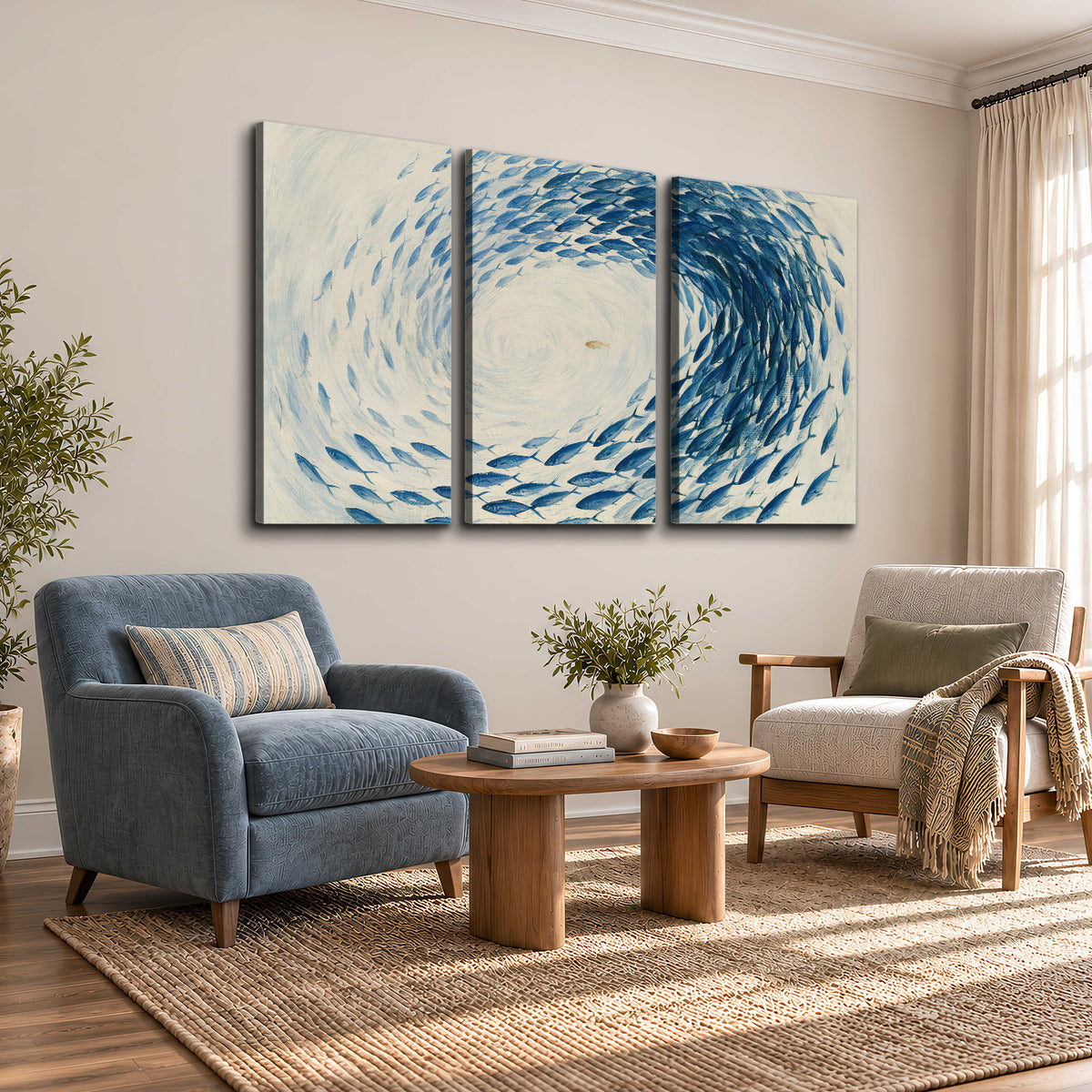A circular school of blue fish flowing around a pale open center 3 piece canvas wall art styled in an interior