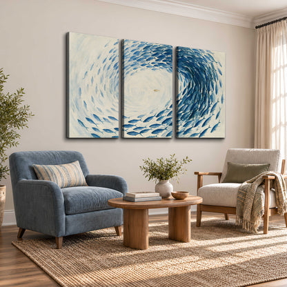 A circular school of blue fish flowing around a pale open center 3 piece canvas wall art styled in an interior