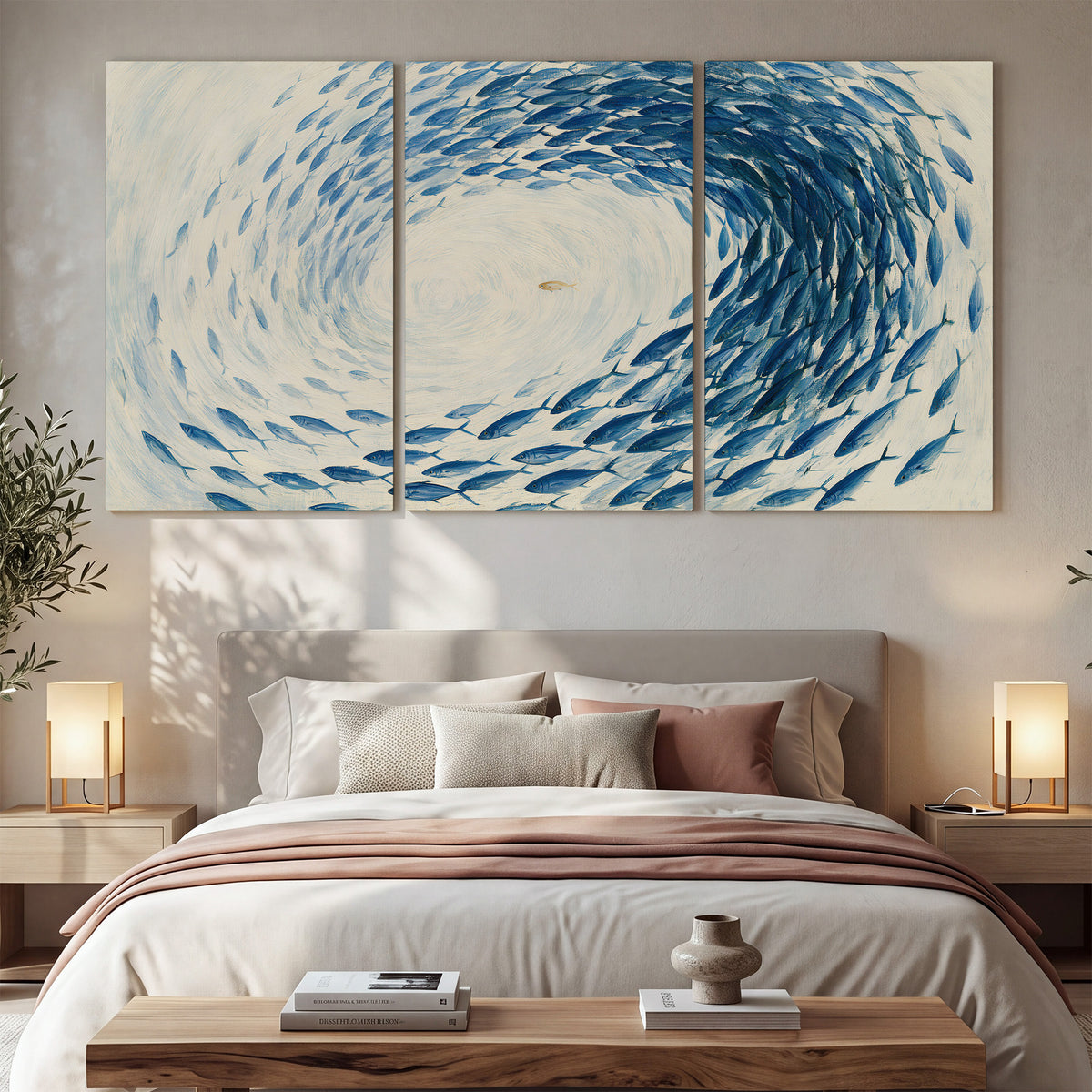 A circular school of blue fish flowing around a pale open center 3 piece canvas wall art displayed in a bedroom
