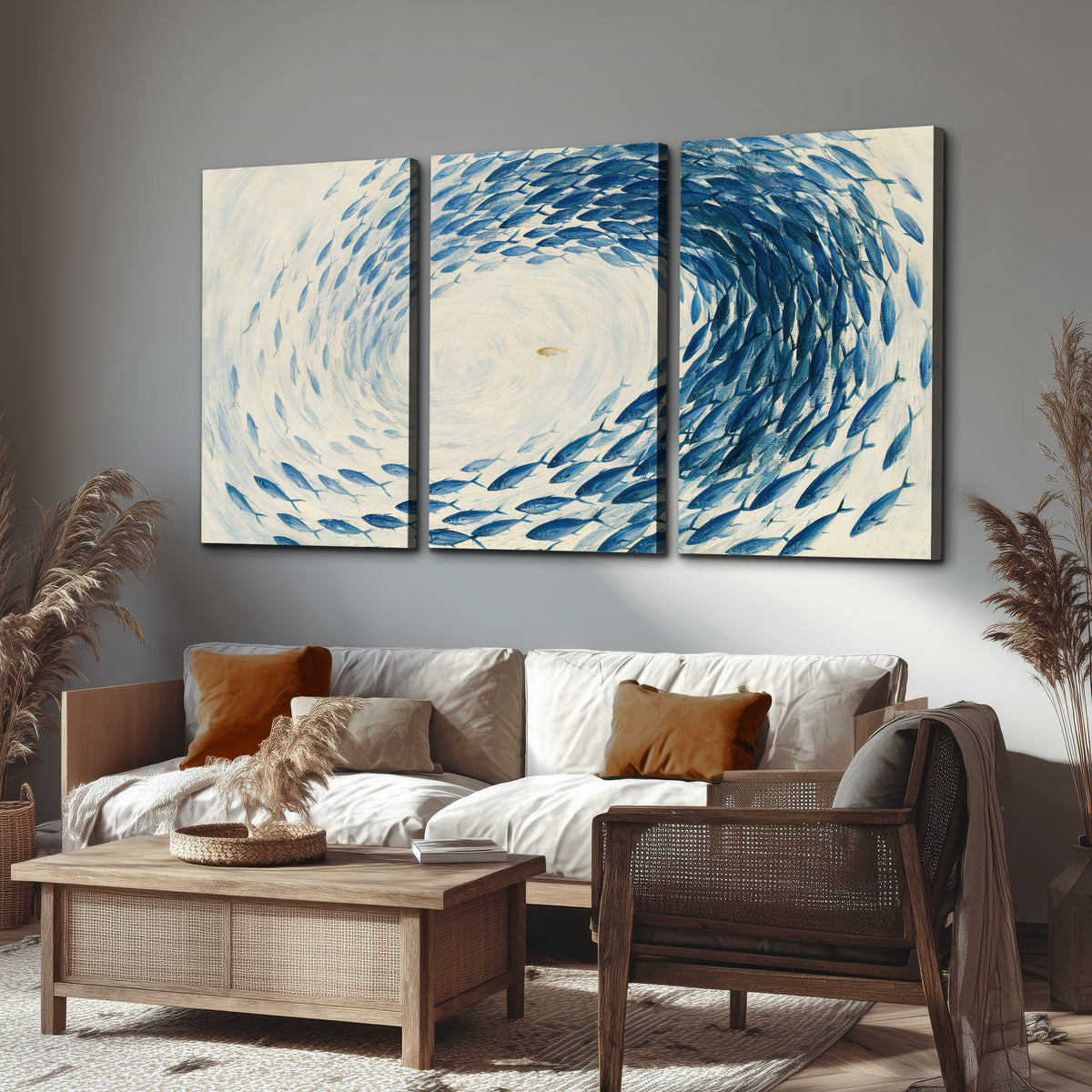 A circular school of blue fish flowing around a pale open center 3 piece canvas wall art displayed in a rustic living room