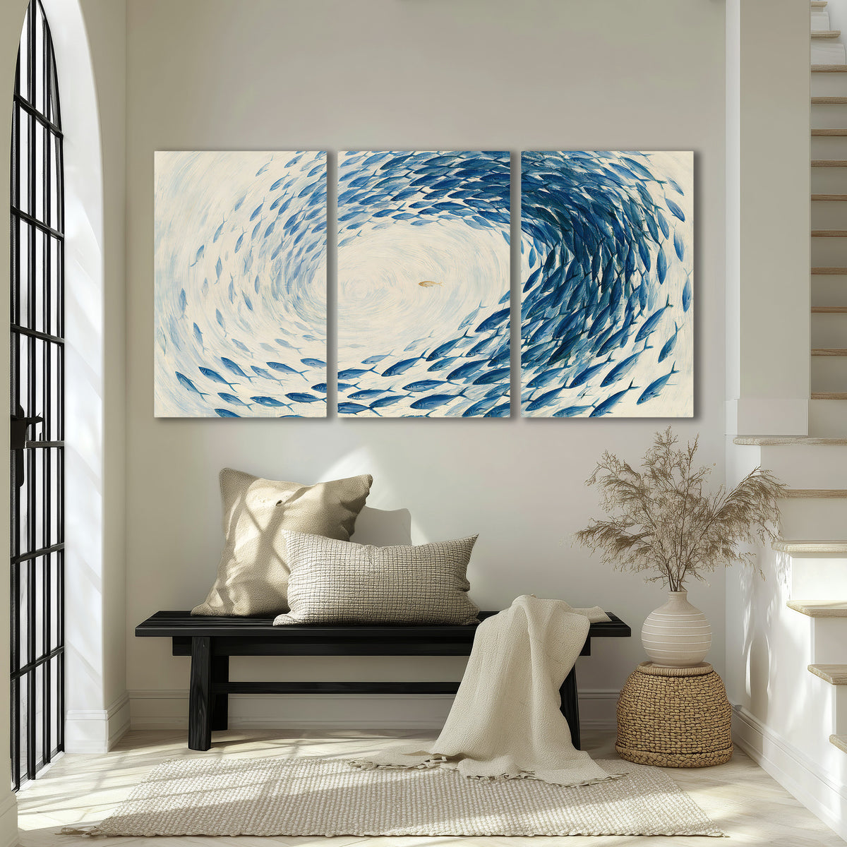 A circular school of blue fish flowing around a pale open center 3 piece canvas wall art displayed in a entryway