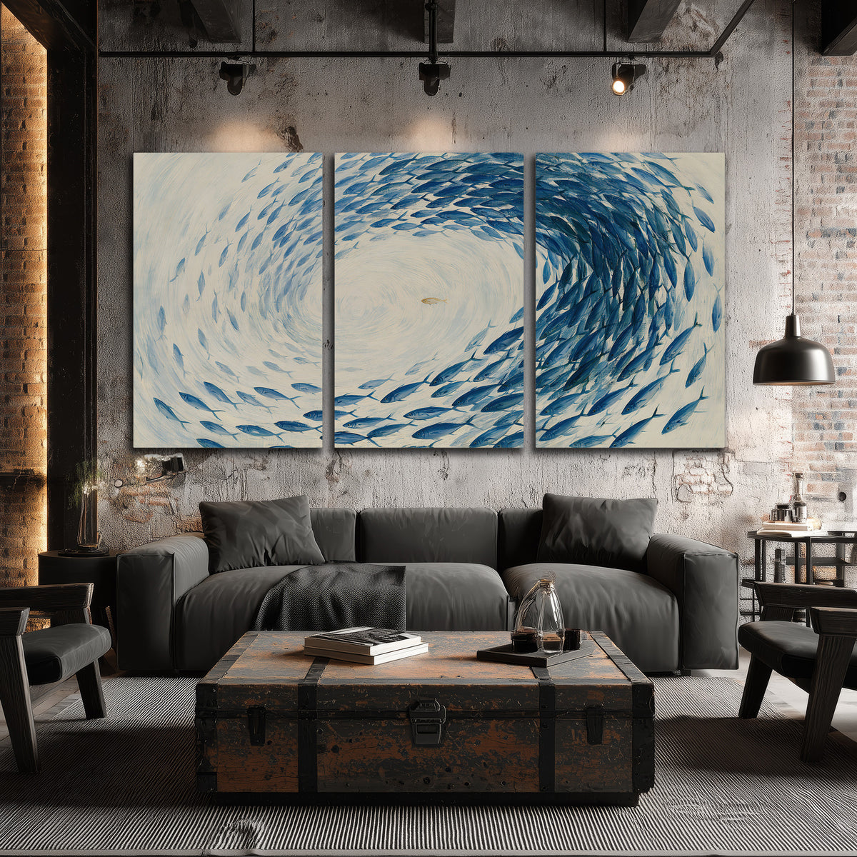 A circular school of blue fish flowing around a pale open center 3 piece canvas wall art displayed in a industrial room