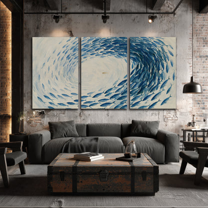 A circular school of blue fish flowing around a pale open center 3 piece canvas wall art displayed in a industrial room