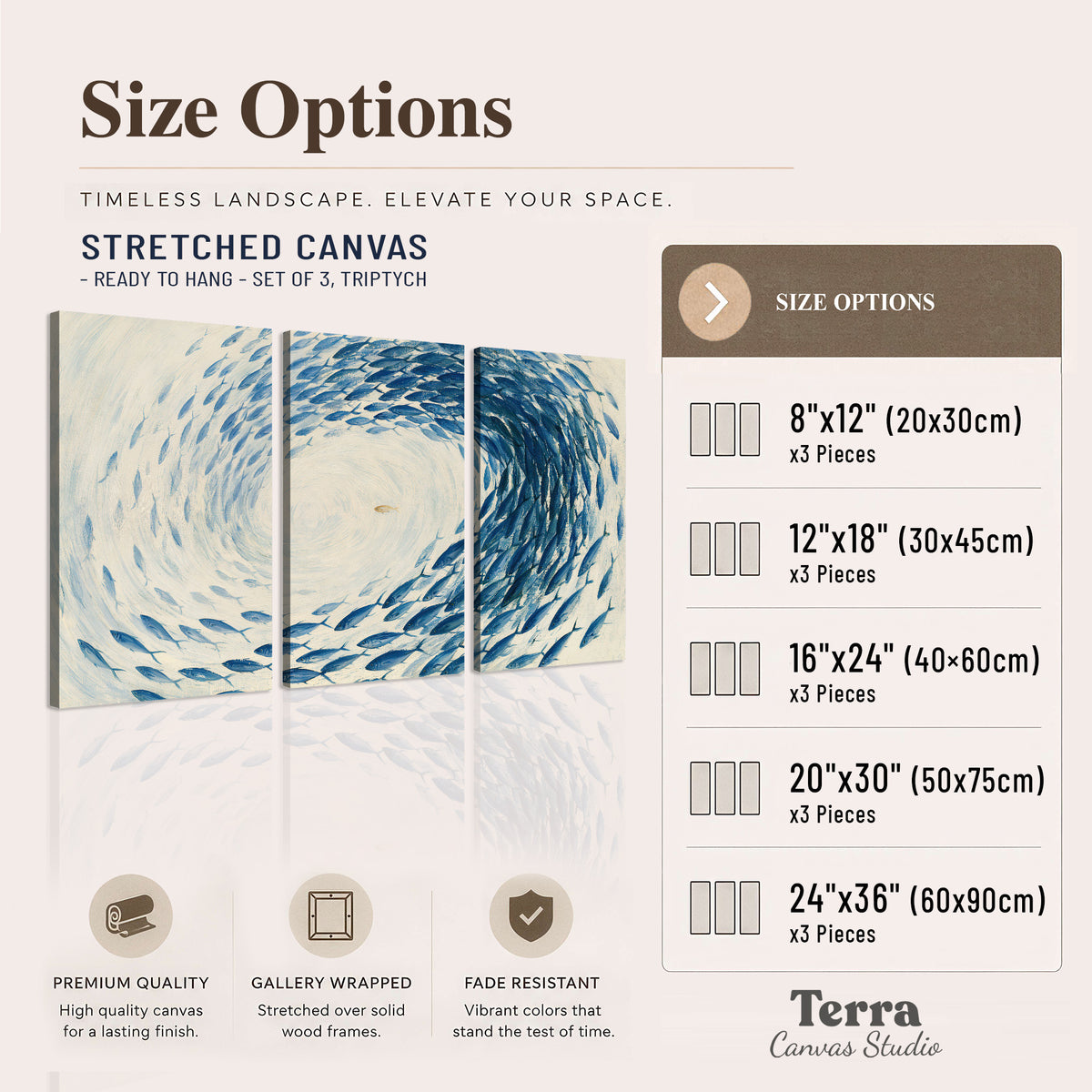A circular school of blue fish flowing around a pale open center 3 piece canvas wall art available dimensions; triptych dimensions are per panel