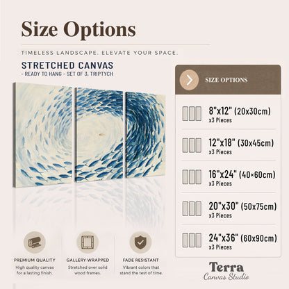 A circular school of blue fish flowing around a pale open center 3 piece canvas wall art available dimensions; triptych dimensions are per panel
