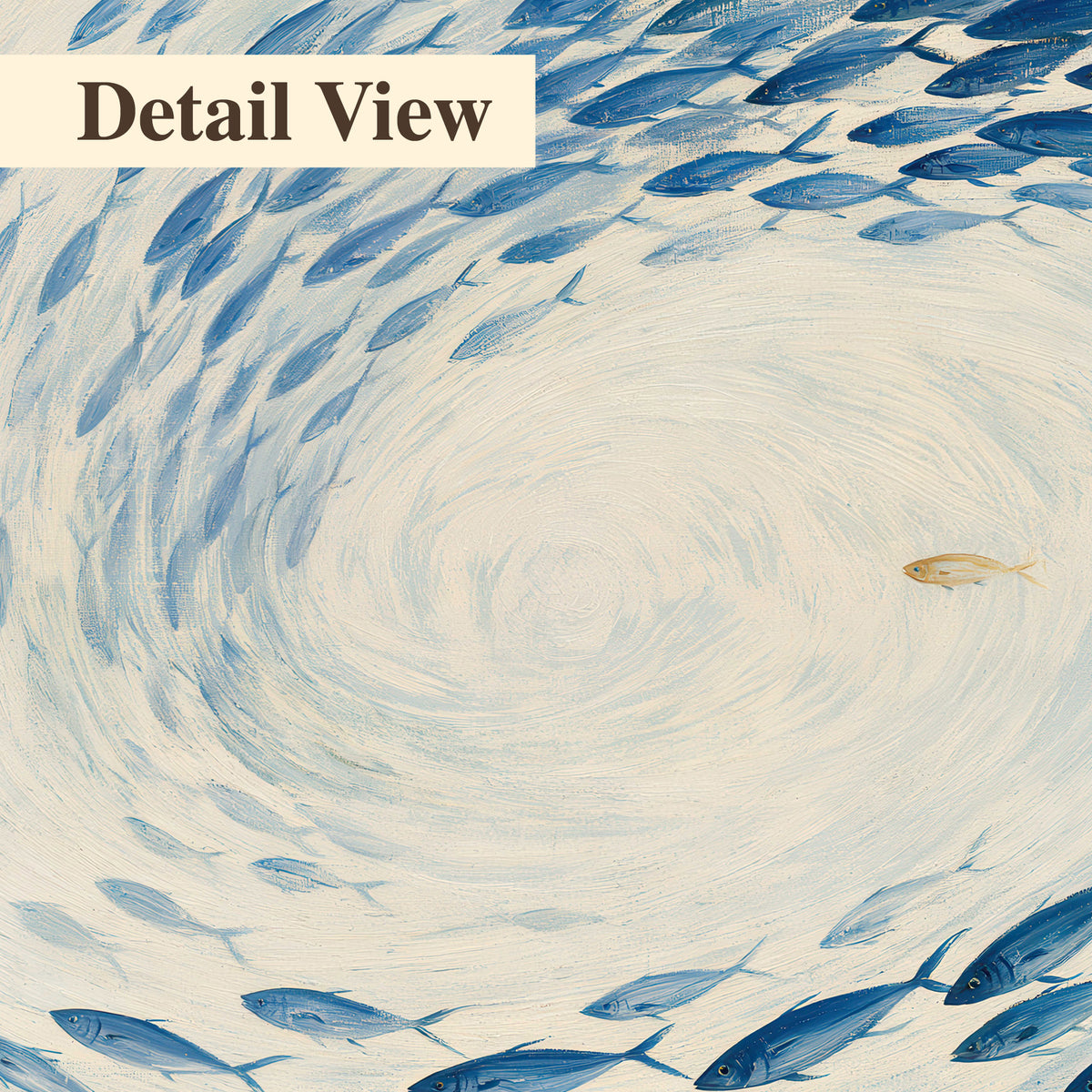 A circular school of blue fish flowing around a pale open center 3 piece canvas wall art artwork detail close up