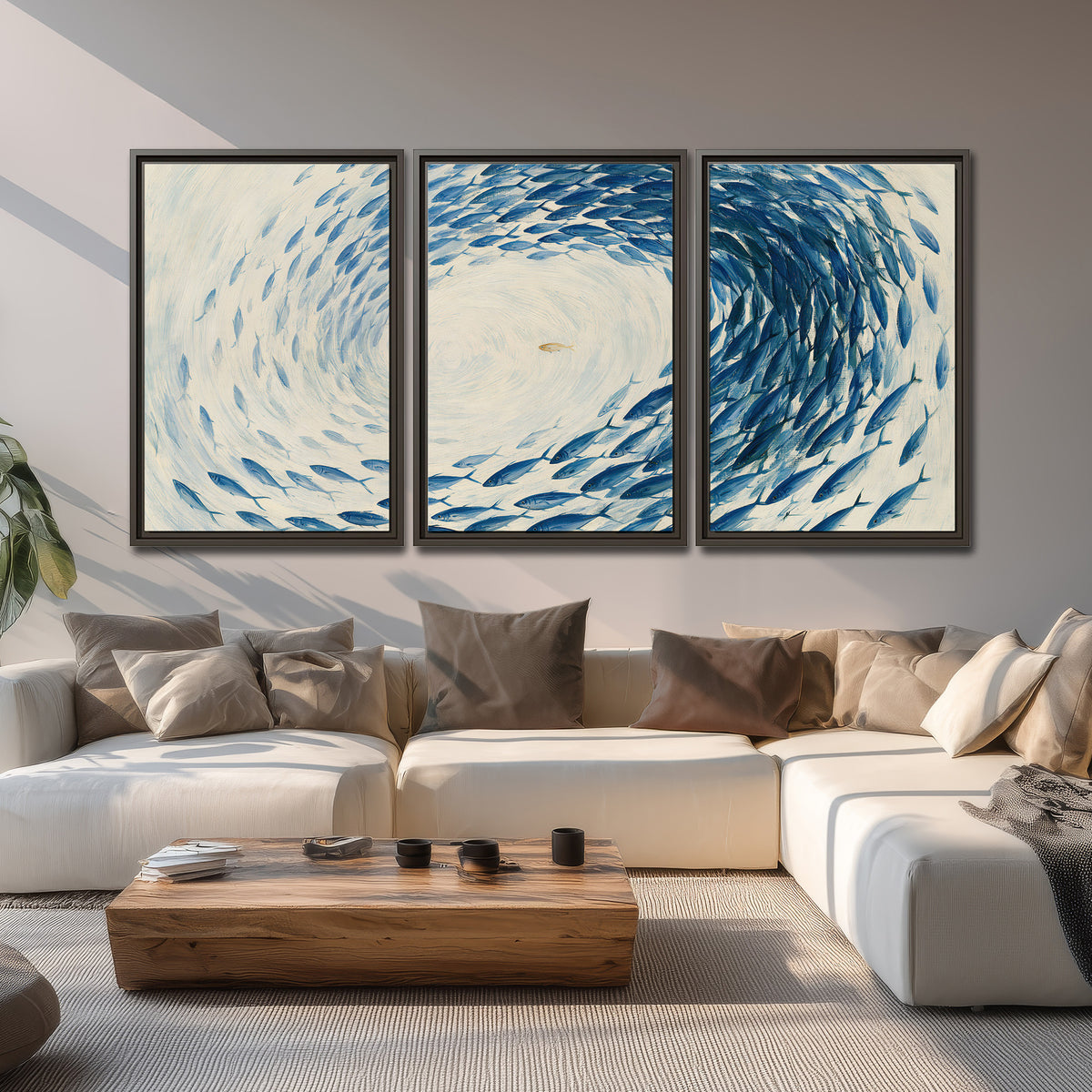 A circular school of blue fish flowing around a pale open center 3 piece framed canvas wall art displayed in a living room