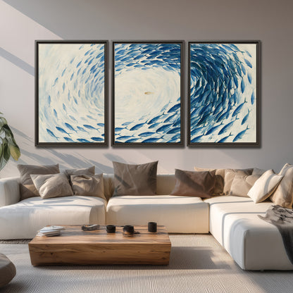A circular school of blue fish flowing around a pale open center 3 piece framed canvas wall art displayed in a living room