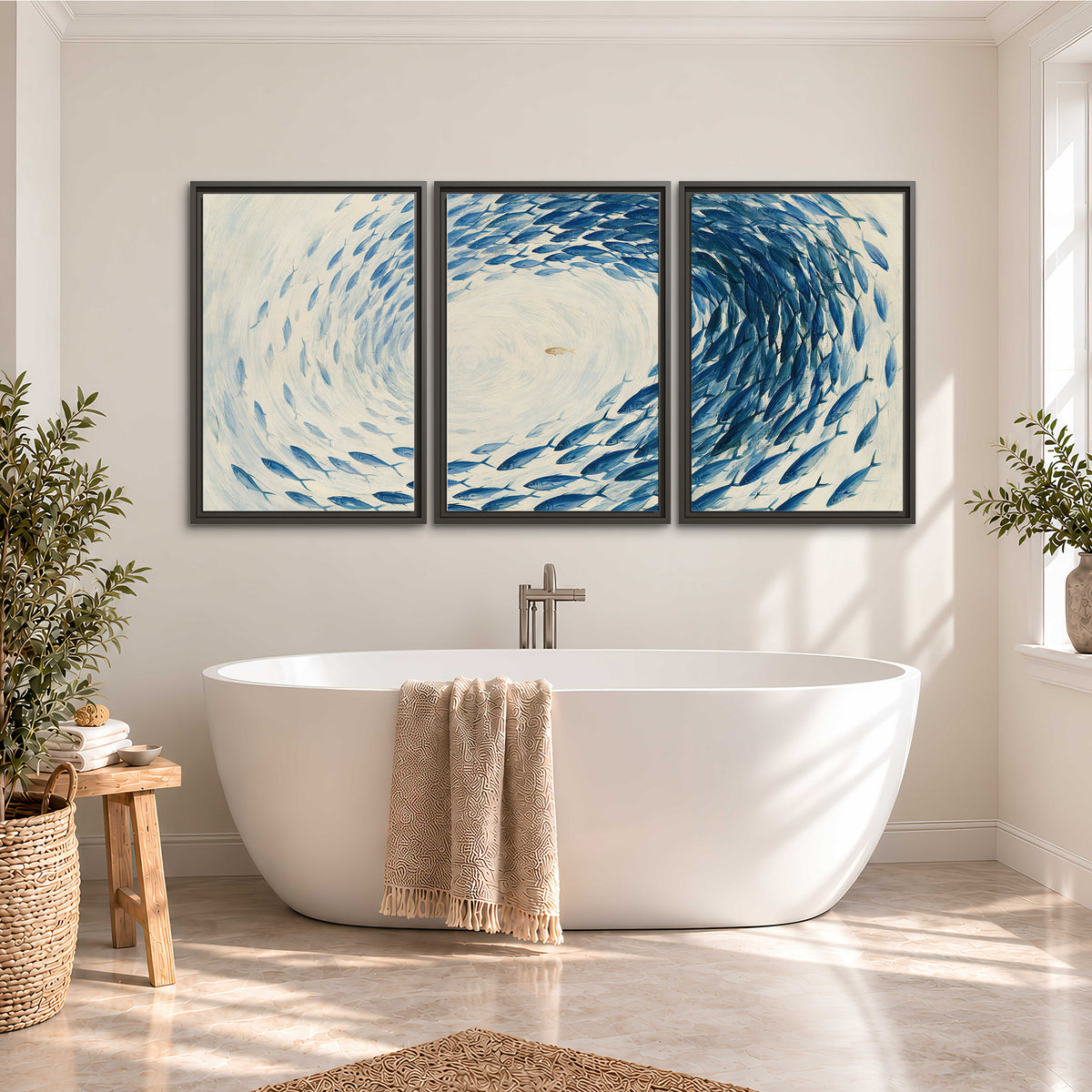 A circular school of blue fish flowing around a pale open center 3 piece framed canvas wall art styled in an interior