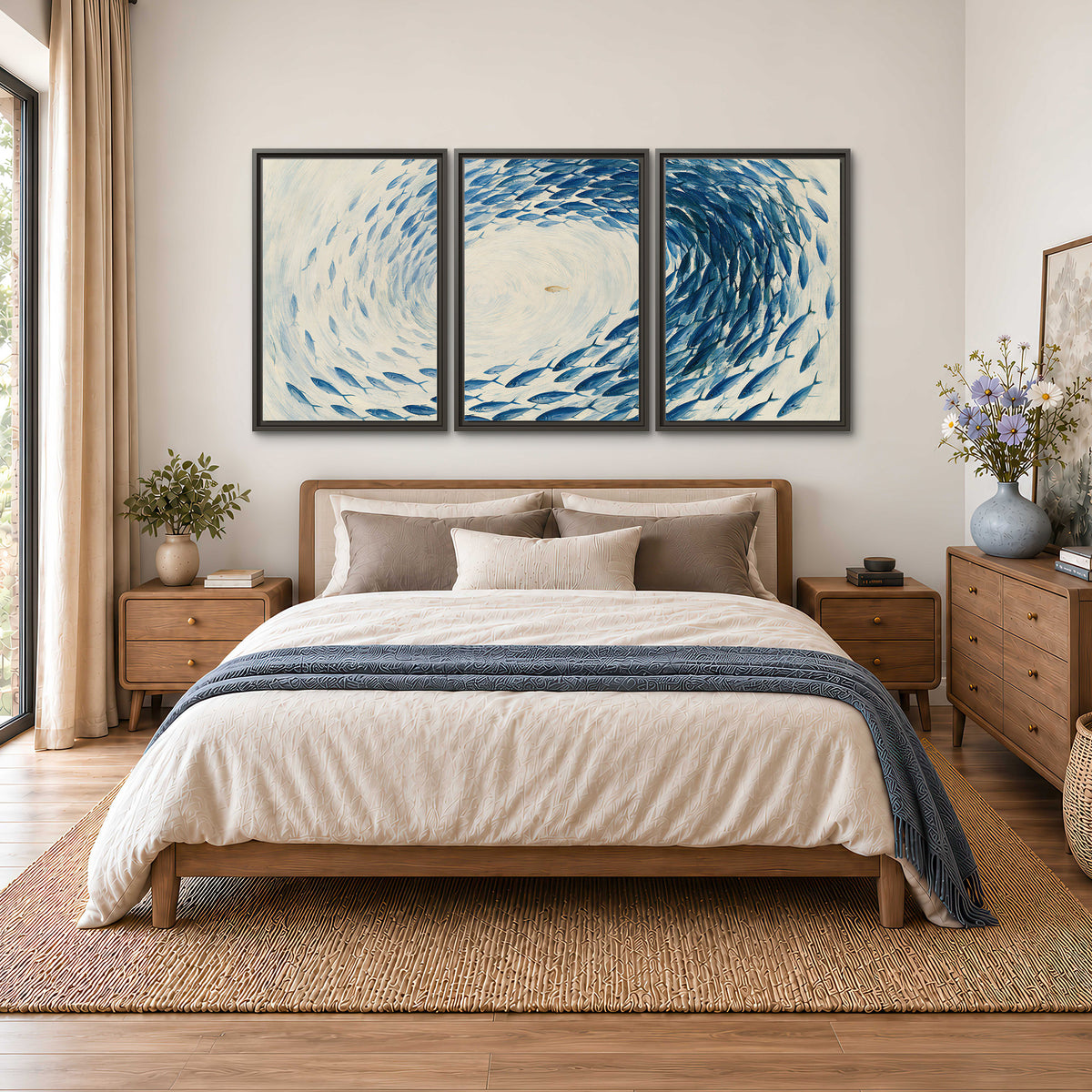 A circular school of blue fish flowing around a pale open center 3 piece framed canvas wall art styled in an interior