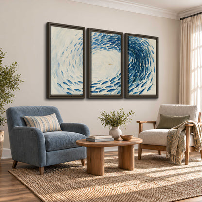 A circular school of blue fish flowing around a pale open center 3 piece framed canvas wall art styled in an interior