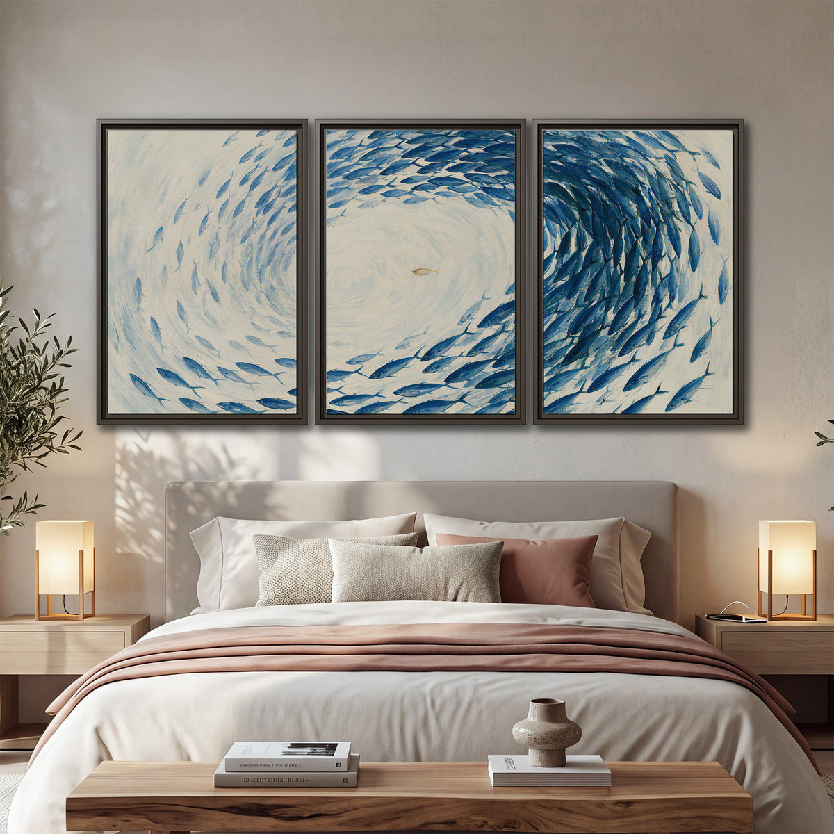 A circular school of blue fish flowing around a pale open center 3 piece framed canvas wall art displayed in a bedroom