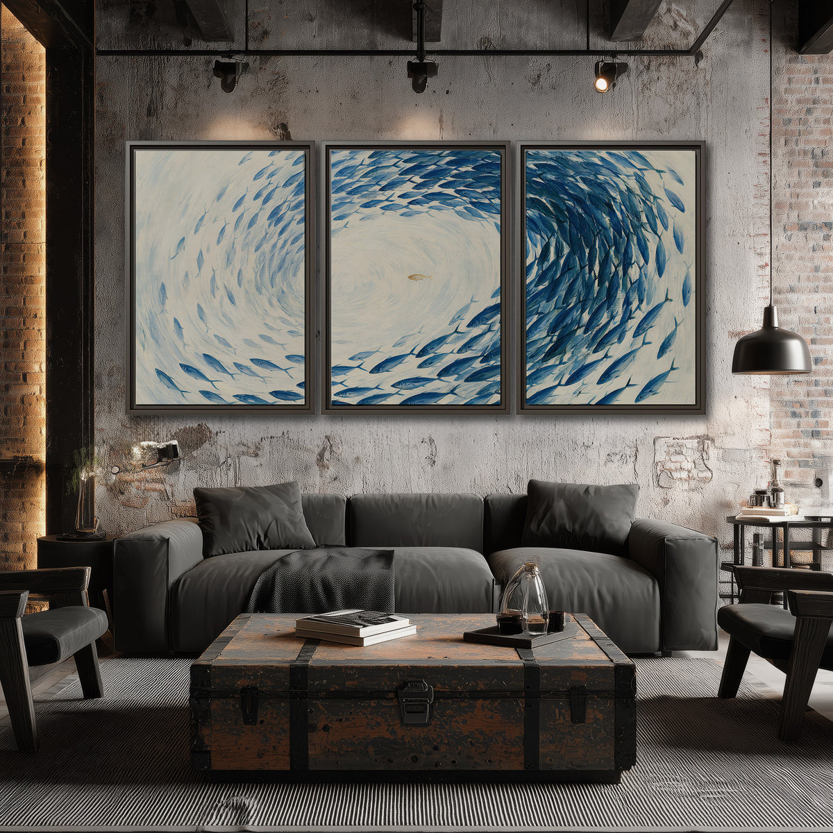 A circular school of blue fish flowing around a pale open center 3 piece framed canvas wall art displayed in a industrial room