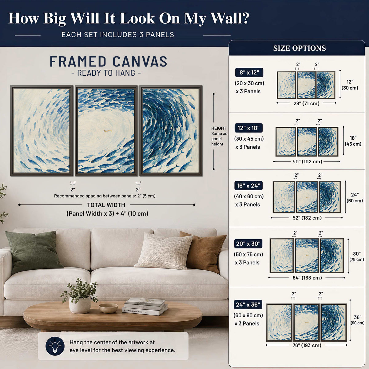 A circular school of blue fish flowing around a pale open center 3 piece framed canvas wall art size guide above a sofa; room view is illustrative