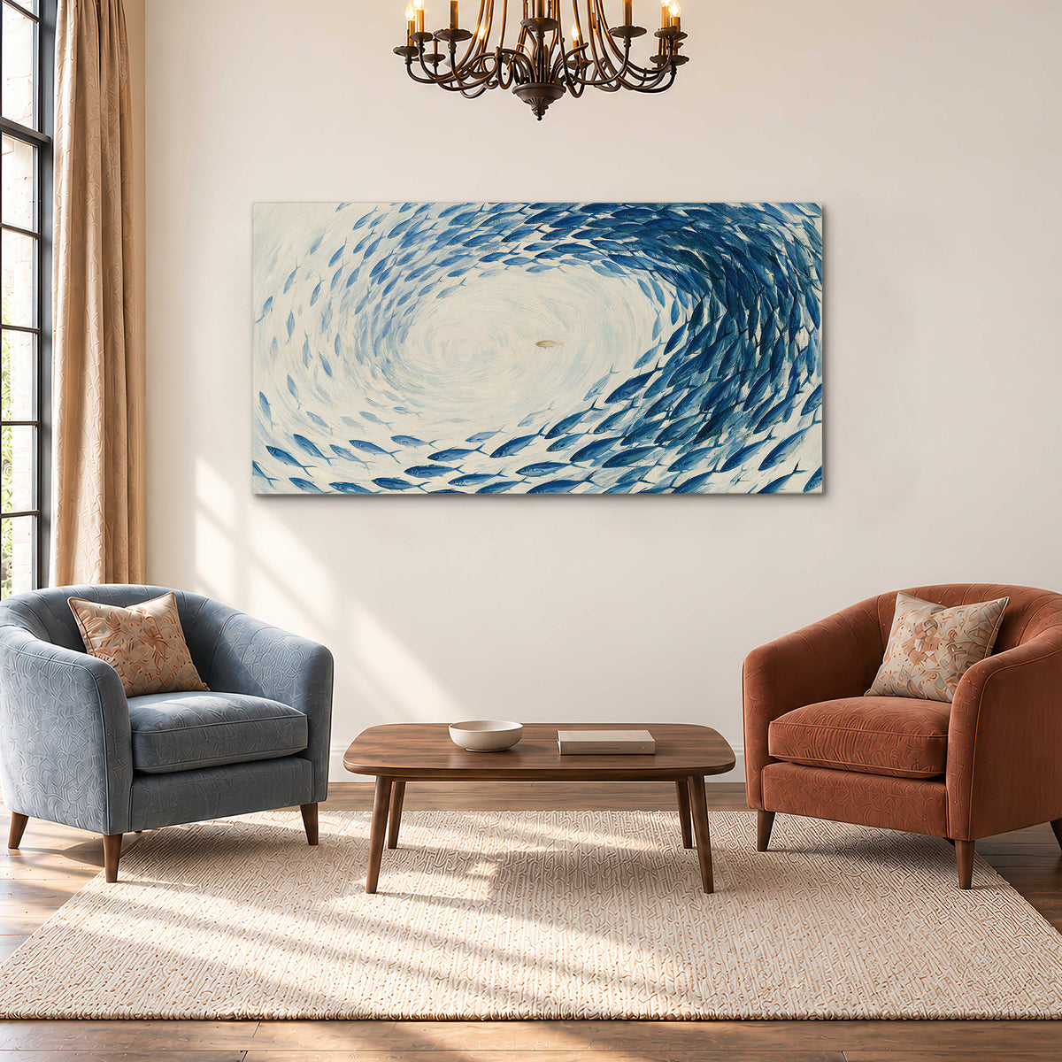 A circular school of blue fish flowing around a pale open center single canvas wall art styled in an interior