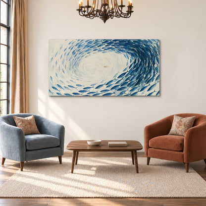 A circular school of blue fish flowing around a pale open center single canvas wall art styled in an interior