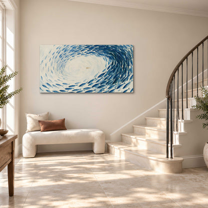 A circular school of blue fish flowing around a pale open center single canvas wall art styled in an interior