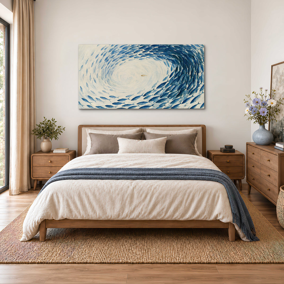 A circular school of blue fish flowing around a pale open center single canvas wall art styled in an interior