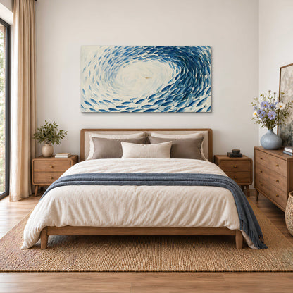 A circular school of blue fish flowing around a pale open center single canvas wall art styled in an interior