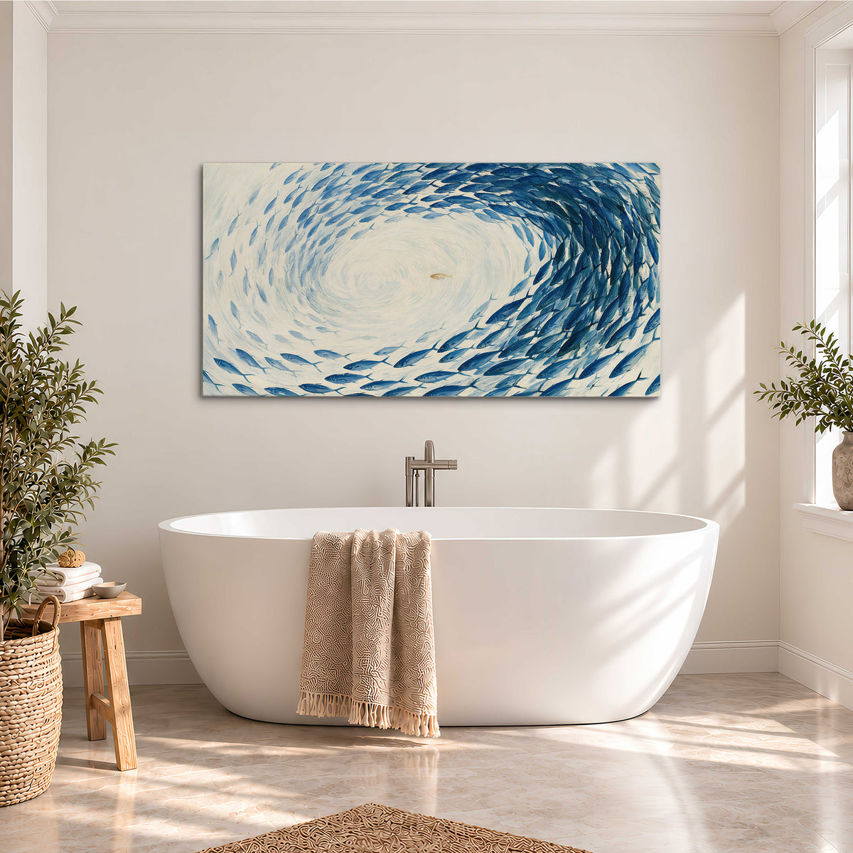A circular school of blue fish flowing around a pale open center single canvas wall art styled in an interior