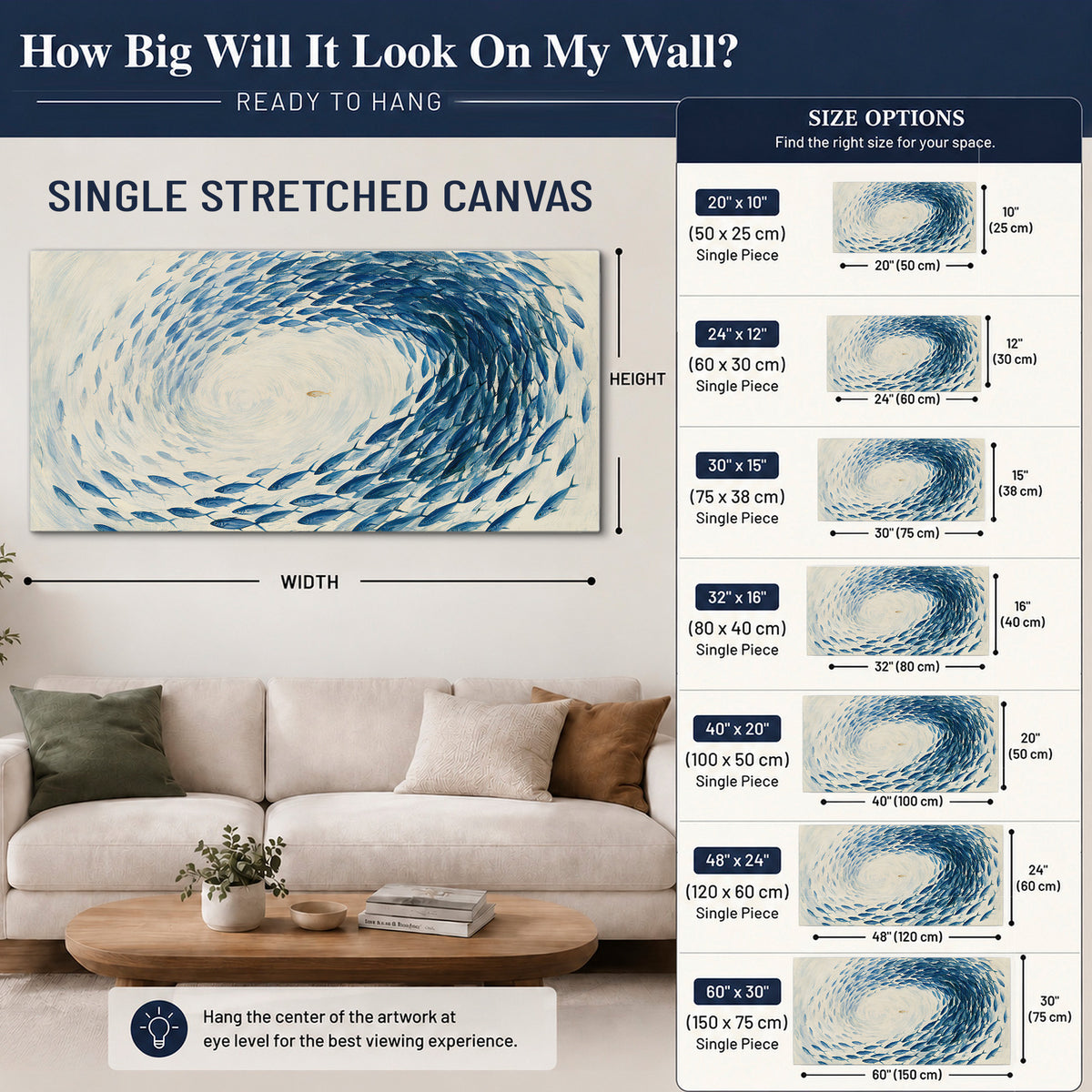 A circular school of blue fish flowing around a pale open center single canvas wall art size guide above a sofa; room view is illustrative