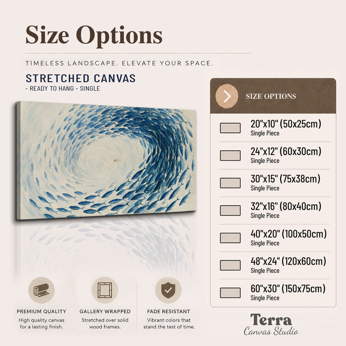 A circular school of blue fish flowing around a pale open center single canvas wall art available dimensions