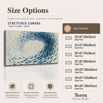 A circular school of blue fish flowing around a pale open center single canvas wall art available dimensions