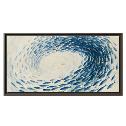 A circular school of blue fish flowing around a pale open center single framed canvas wall art viewed straight on