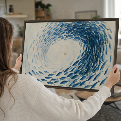 A circular school of blue fish flowing around a pale open center single framed canvas wall art held in hands
