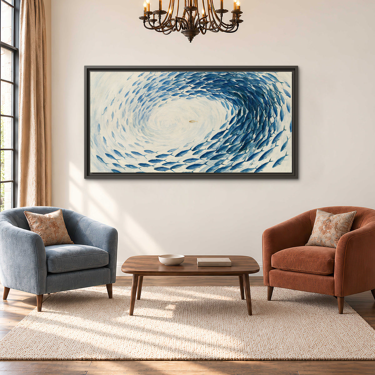 A circular school of blue fish flowing around a pale open center single framed canvas wall art styled in an interior