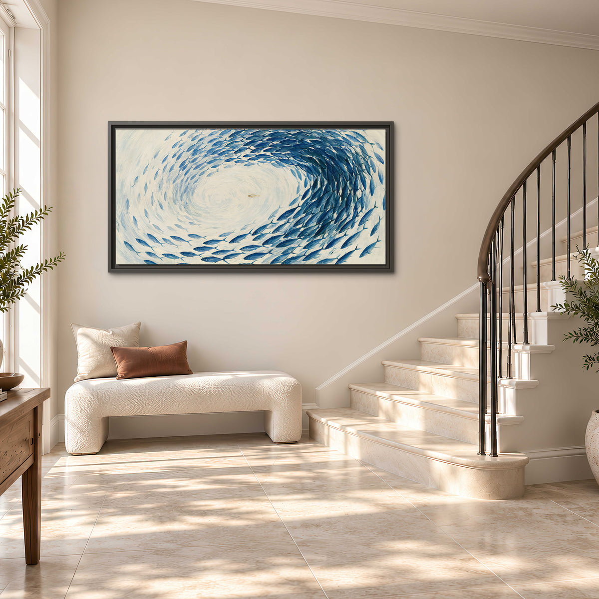 A circular school of blue fish flowing around a pale open center single framed canvas wall art styled in an interior
