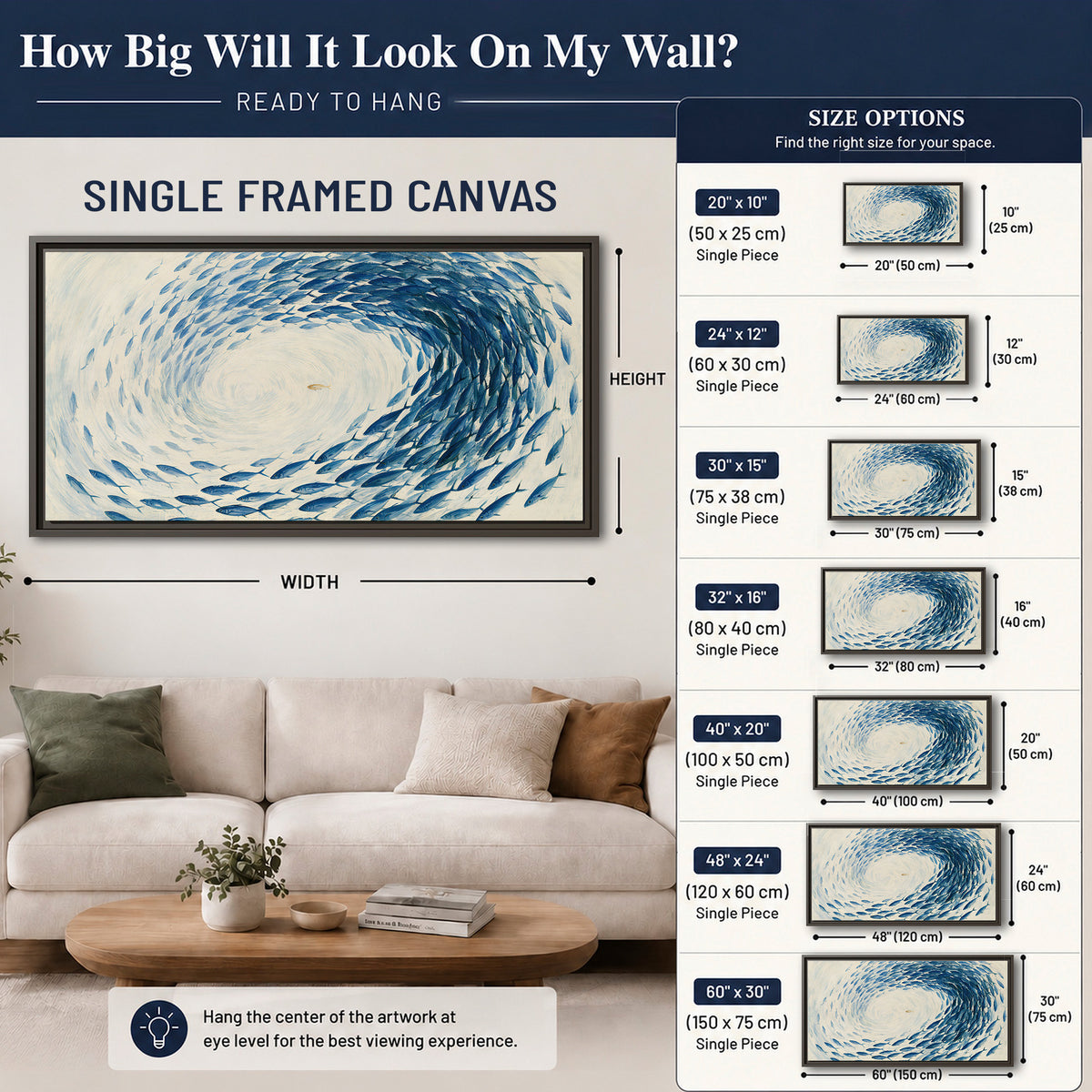 A circular school of blue fish flowing around a pale open center single framed canvas wall art size guide above a sofa; room view is illustrative