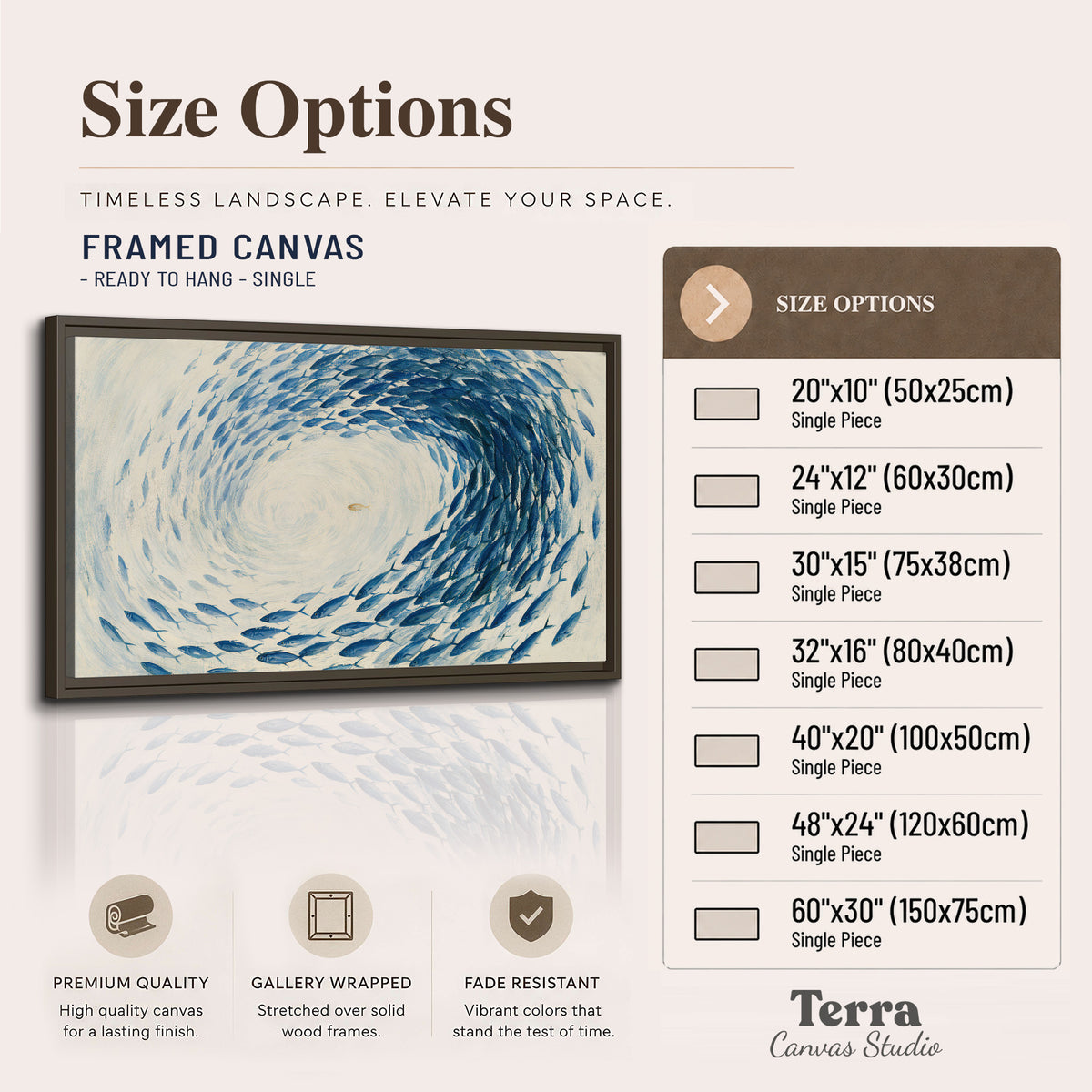 A circular school of blue fish flowing around a pale open center single framed canvas wall art available dimensions