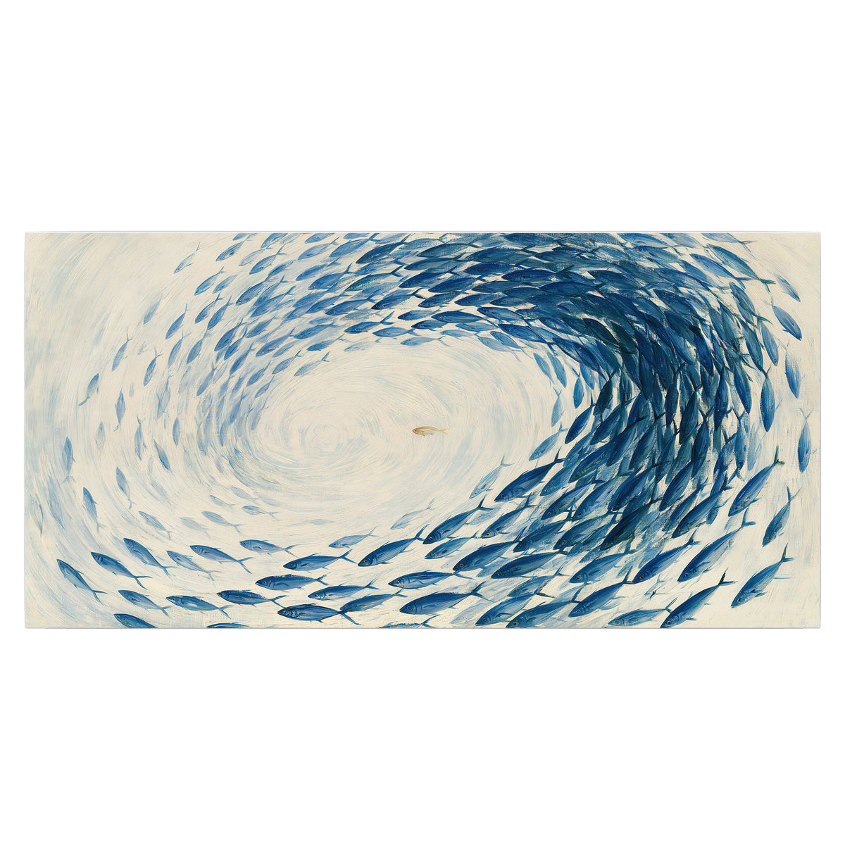 A circular school of blue fish flowing around a pale open center single poster print viewed straight on