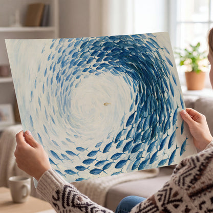 A circular school of blue fish flowing around a pale open center single poster print held in hands