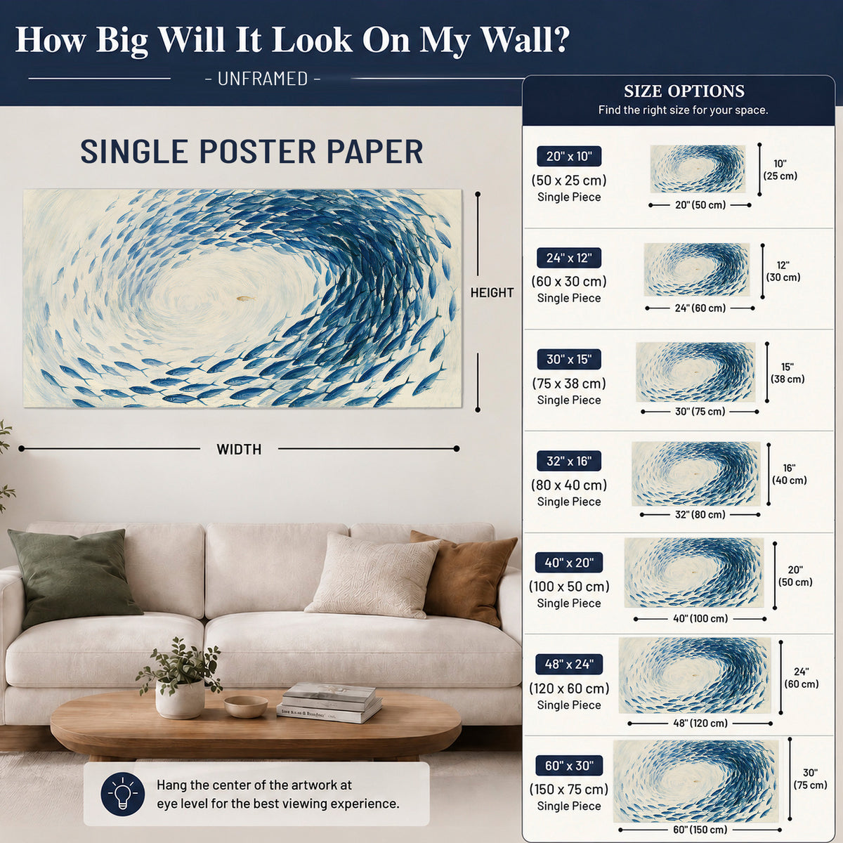A circular school of blue fish flowing around a pale open center single poster print size guide above a sofa; room view is illustrative