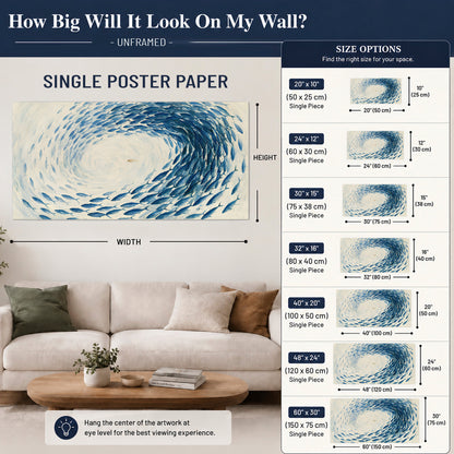 A circular school of blue fish flowing around a pale open center single poster print size guide above a sofa; room view is illustrative