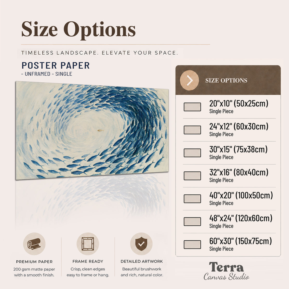 A circular school of blue fish flowing around a pale open center single poster print available dimensions