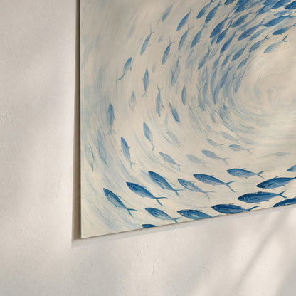 A circular school of blue fish flowing around a pale open center set of 3 poster prints material and edge close up