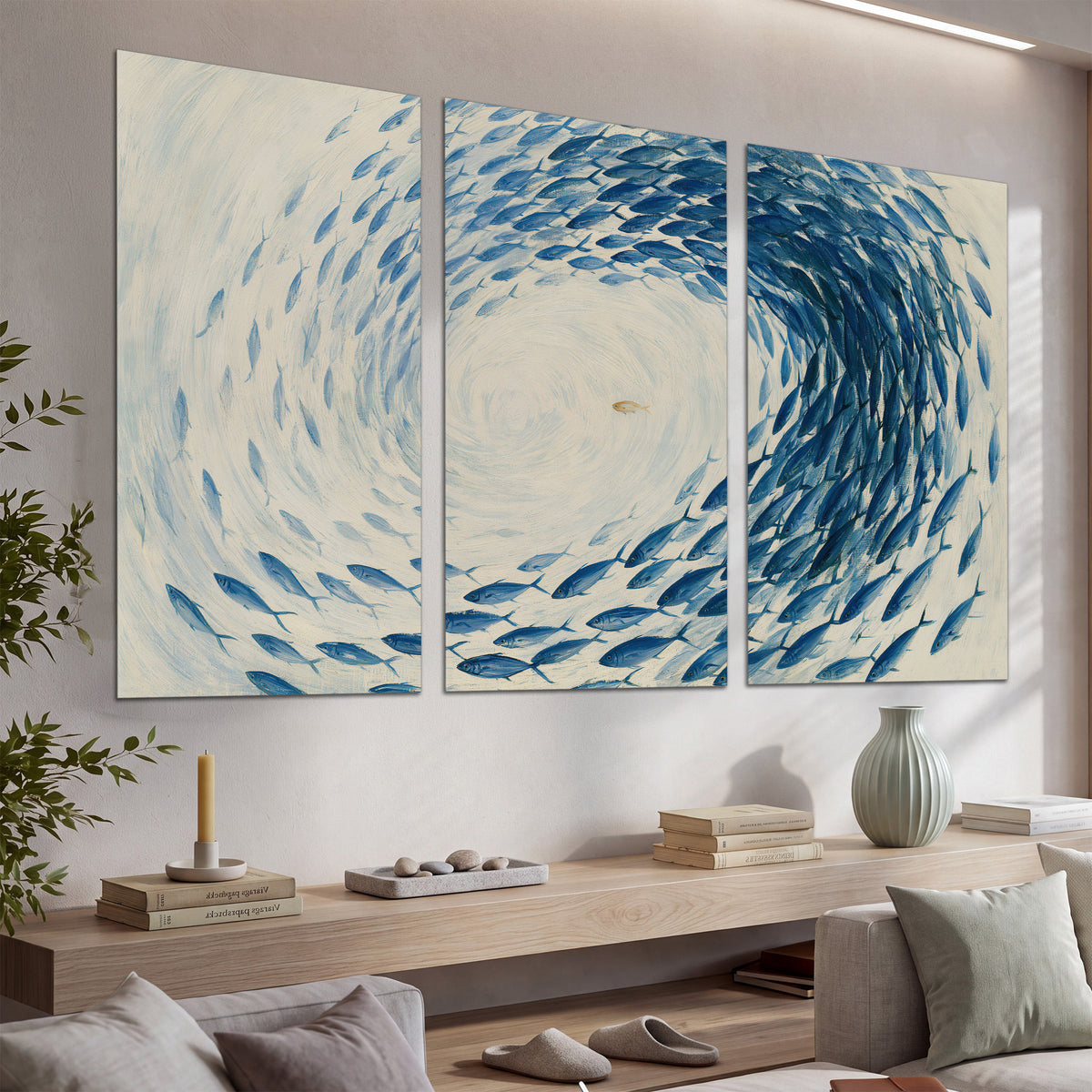 A circular school of blue fish flowing around a pale open center set of 3 poster prints displayed in a console